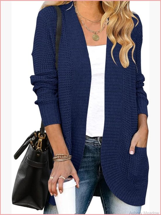 Sweaters - Long Sleeve Open Front Chunky Knit Cardigan Sweater with Pockets
